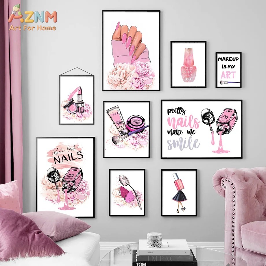 Beauty Of Makeup Quotes - AZNM 핑크 네일 메이크업 캔버스 벽
