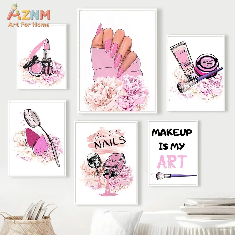 AZNM 핑크 네일 메이크업 캔버스 벽 예술, 현대 패 - Beauty Of Makeup Quotes 리뷰 및 가격